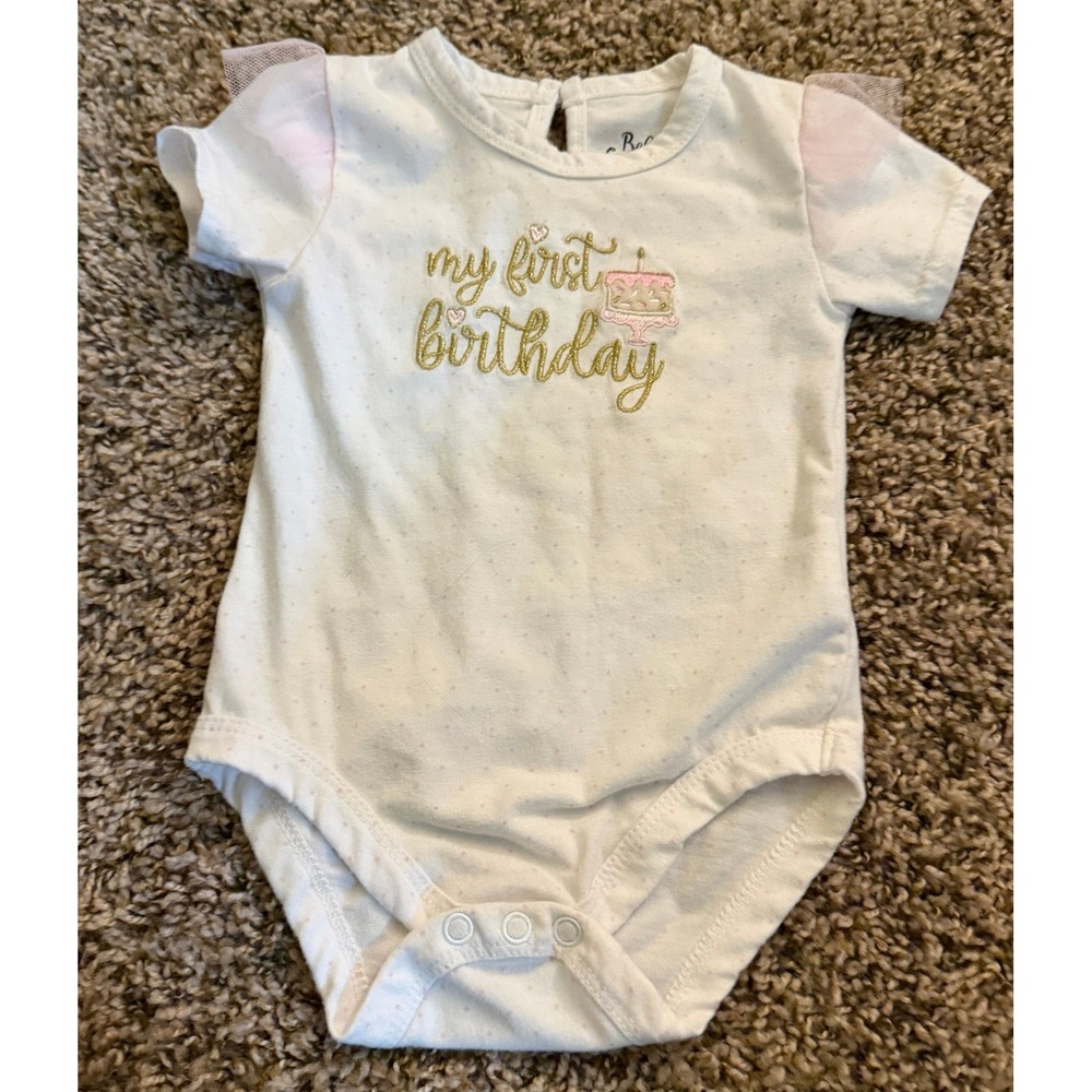 Baby Essentials Toddler White Pink Polka "My First Birthday" Bodysuit 12 Months